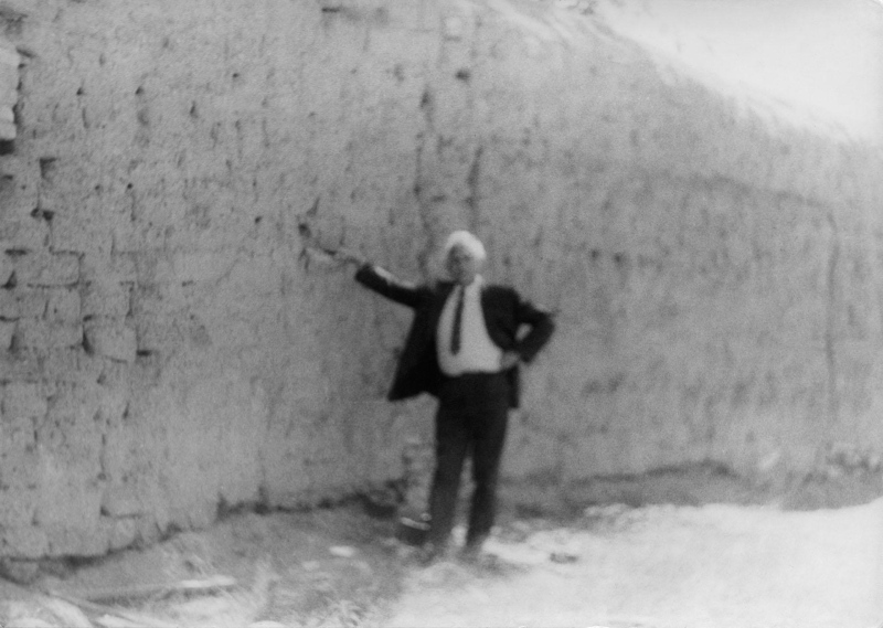 Jānis Dzintars Austriņš in front of the former camp wall, Kengir, 1991